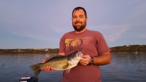 While enjoying an amazing sunset at the close of the day on Lake Travis, this client's topwater bait got blasted by this big bass.