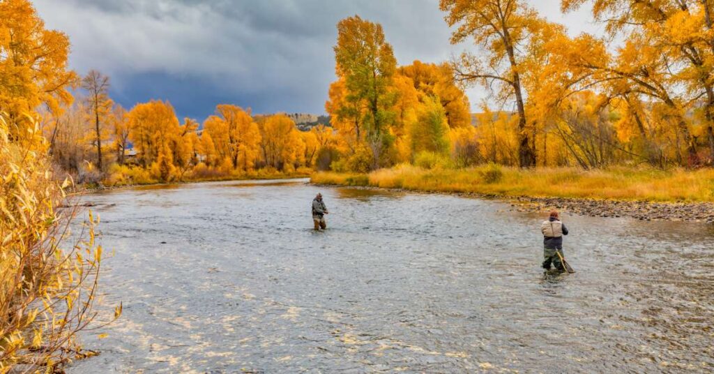 Two anglers in waders fly fish in a shallow river surrounded by fall foliage with dark clouds approaching behind them.