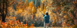 A man fishing holds a pole and reels in a catch while surrounded and framed by orange, red, and brown autumn tree leaves.