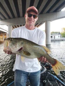 angler holding largemouth bass caught from submerged vegetation on a Texas-rigged stick worm at Lady Bird Lake